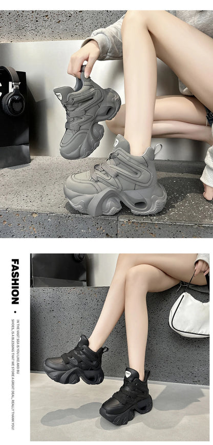Chunky Platform Hidden Height Increasing Sneakers Casual Lace Up Shoes In White And Grey With Hollow Out Design For Streetwear