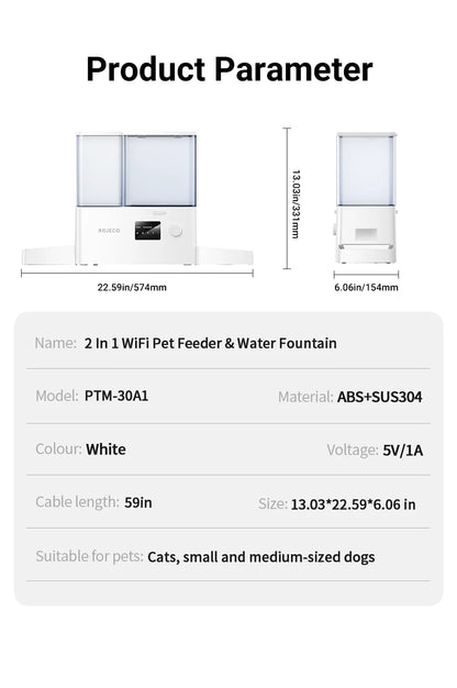 ROJECO 8.5L Automatic Pet Feeder Water Fountain WIFI APP Remote Control Smart Dog 5L Food Dispenser 3.5L Gravity Water Drinker ﻿