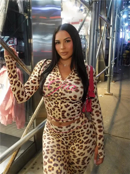 Ropa Y2k Mujer Leopard Print Long Pants Sets Women Fashion Slim Short Cardigan Tight Trousers Two Piece Set Female Streetwear