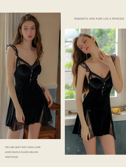 REBEYULI Sexy Sleepwear Women Deep V Solid Lace Velvet Mini Dress with Chest Pad Sweet Fly Sleeves Casual Robe Gown Set Women