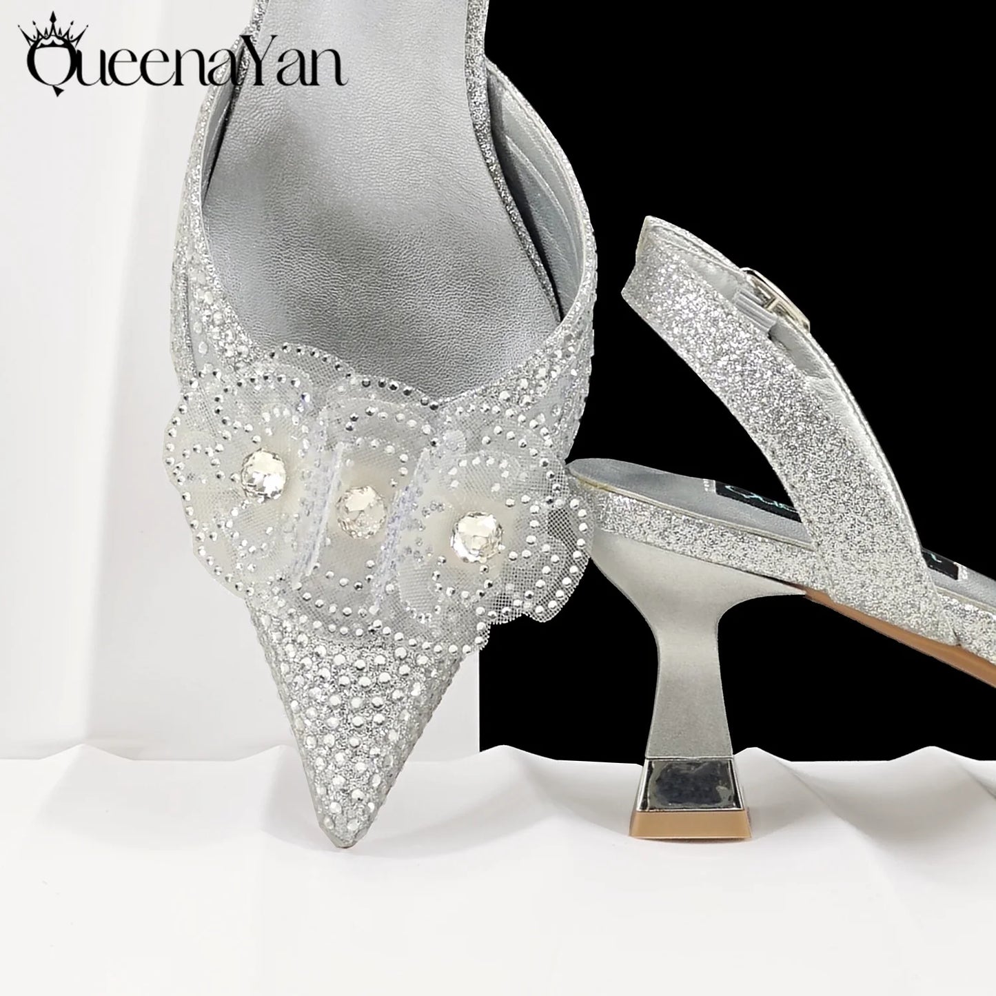 QueenaYan 2026 Elegant Silver Pointed-Toe High Heels Shoes with Diamond Accents & Matching Bag - Ideal for Party Elegance