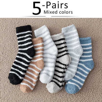 5 Pairs Thick Mens Thermal Socks Winter Warm Striped Coral Fleece Fluffy Solid Color Sleep Male Bed Socks Calcetines Hot Sell