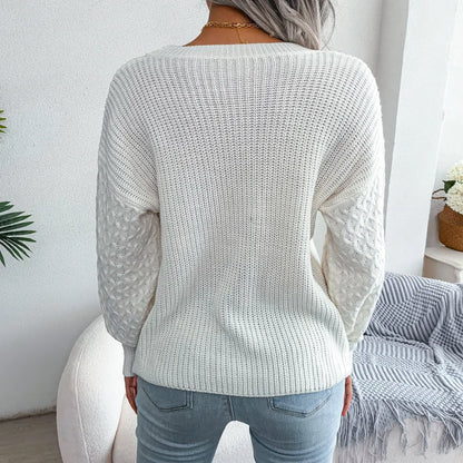 2024 Autumn Winter Casual Lantern Long Sleeved Knitted Sweater Fashion Army Green Round Neck Sweater Elegant Knitted Pullover
