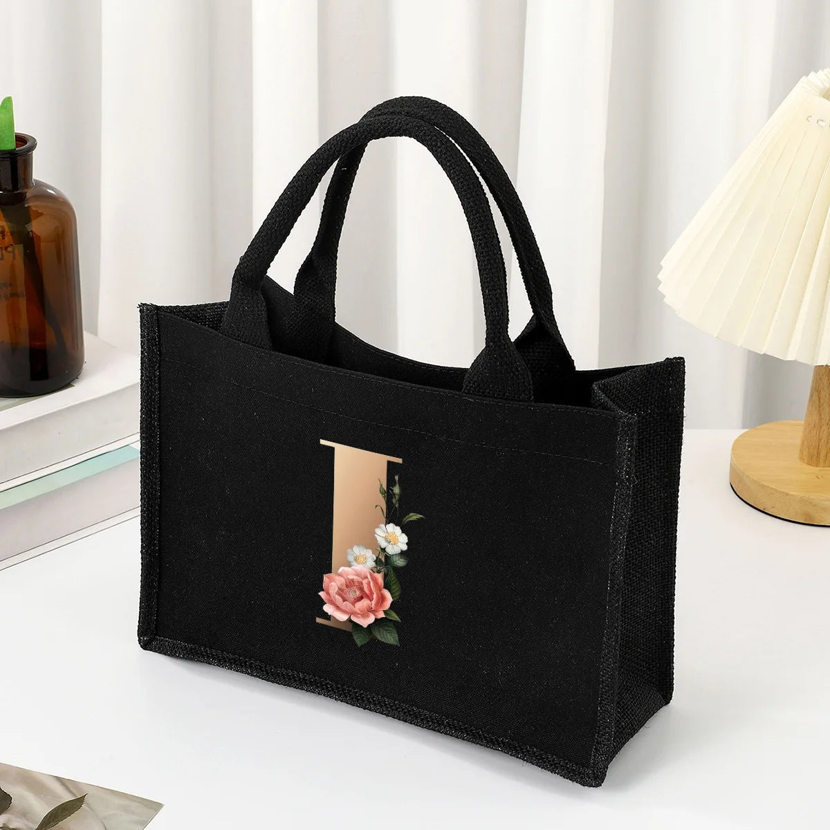 Black hand-held canvas bag, 26 letter printed women's handbag, large capacity portable leisure beach bag, indoor waterproof