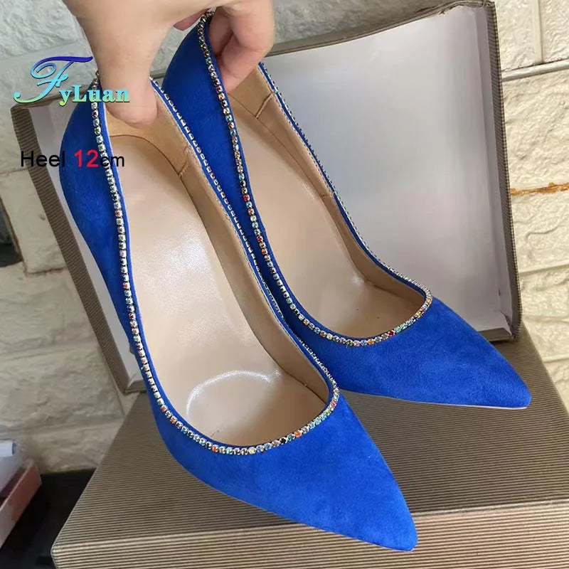 New Style Fashion Women Pumps Blues Suede Rhinestone Shallow Mouth High Heels Single Shoes Pointy Toe Stiletto Party Lady Shoes