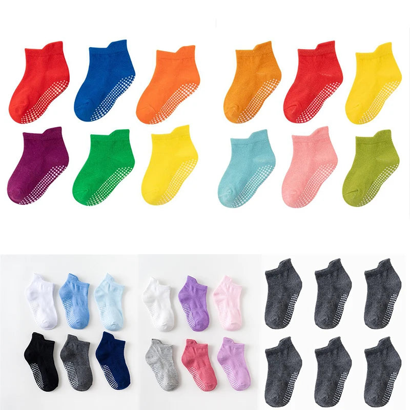 6 Pairs/lot 0 to 6 Yrs Cotton Children's Anti-slip Boat Socks For Boys Girl Low Cut Floor Kid Sock With Rubber Grips Four Season