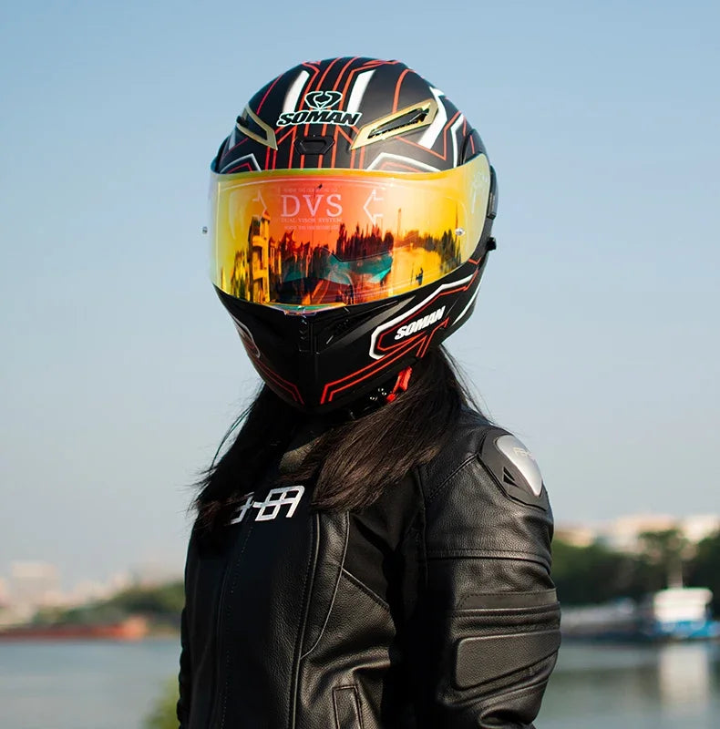 SOMAN Full Face Helmet Dual Lens Flip Up Motorcycle Helmets Casco Accessories Men Women Casque Moto Racing DOT Approved Visor