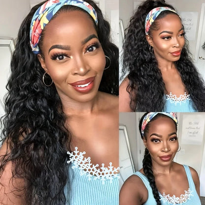 Human Hair 200% Density Headband Wig Human Hair Wigs Wear and Go Glueless Wig Curly Deep Wave Headband Wig Natural Color