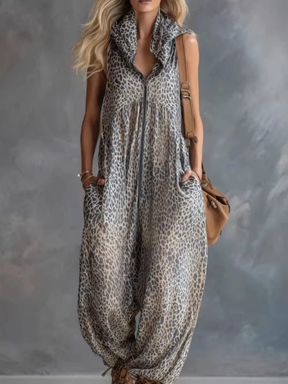Women Summer Jumpsuits Leopard Printed Romper Vintage Hooded Sleeveless V Neck Overalls Casual Chiffon Playsuits Oversize