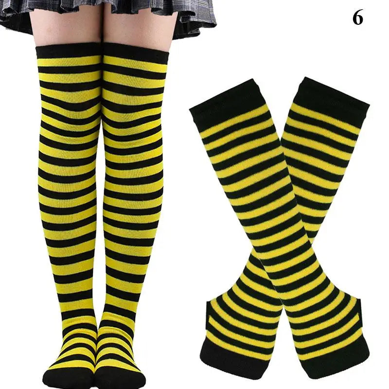 2Pair/Set Women Gothic Punk Over Knee Long Stripe Socks Girl Arm Sleeve Gloves Thigh High Cotton Socks Sweet Cute Christmas Gift