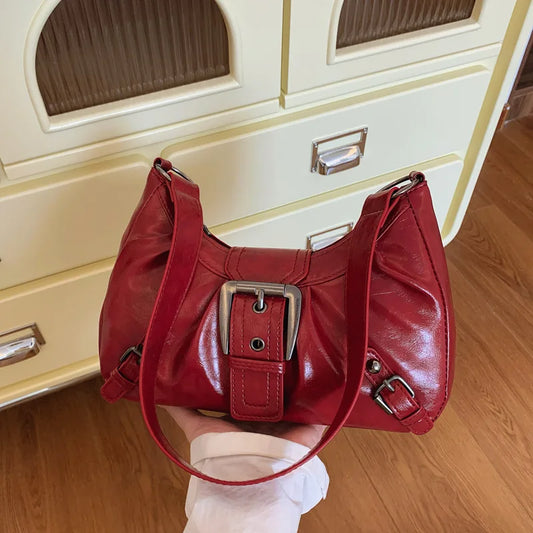 Vintage Commuter Women Shoulder Bags Y2K Cool Hot Girls Pu Leather Hobos Underarm Bag Solid Color Pleated Design Ladies Handbags