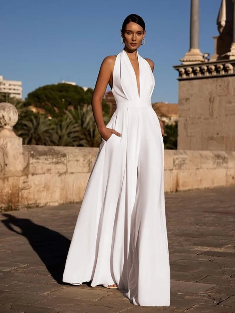 Elegant Women Corset Party Jumpsuit Y2K Sexy Halter Backless Loose Wide Leg Trousers Palazzo Pants Romper Celebrity One Pieces