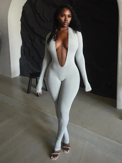 Nibber Backless Jumpsuit Women Deep v-Neck Long Sleeve Solid Skinny High Stretch Sexy Midnight Coquette Basis Wild Fall Outfits