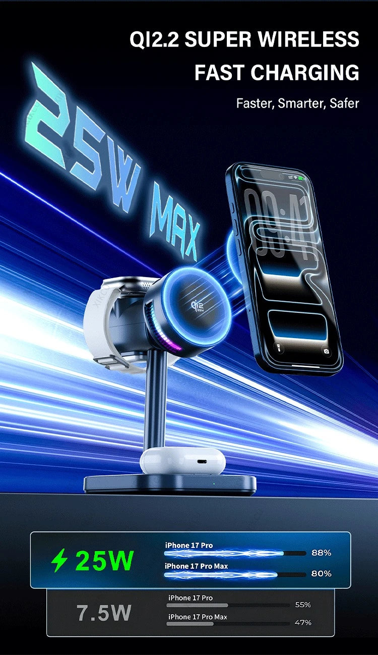 QI2 3 IN 1 Magnetic 25W Wireless Charger Stand LED Light Air Cooling Fast Charging For iPhone 17~12 Pro Max Airpods Apple Watch
