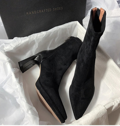 Square High Heel Women Ankle Boots Fashion Zippers Shoes Retro Style Autumn Winter Pointed Toe Ladies Dancing Party Prom Shoes