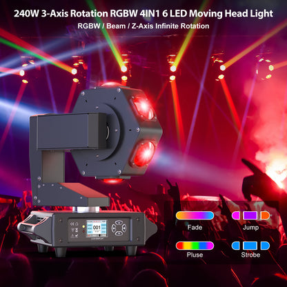 Yiflamefly 240W Beam Moving Head Lights 6LEDs RGBW 360° Rotating DJ Light DMX512 Stage Lights For Disco Wedding Party Live Show