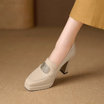 【JOCHEBED HU】Brand Genuine Leather Platform Shoes for Ladies Square Toes Women's Sewing Lines High Heels Leather