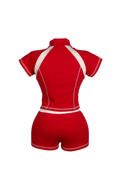 2025 Summer European and American Street Spice Girl Style Zipper Cardigan Slim Casual Sports Short-sleeved T-shirt Top Set