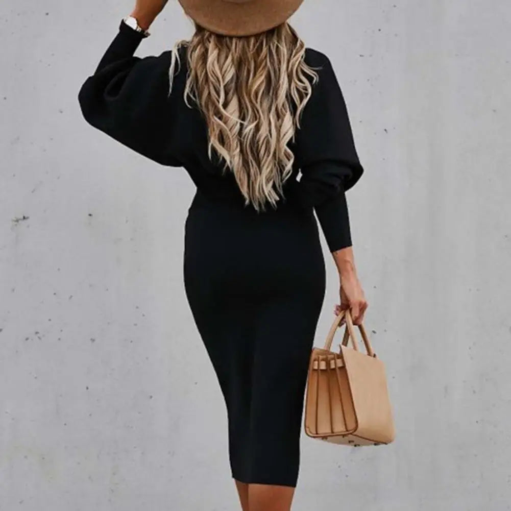 Women Autumn Dress Crew Neck Elegant Lantern Sleeve High Waist Women Bodycorn Dress Autumn Winter Office Ladies Midi Dress