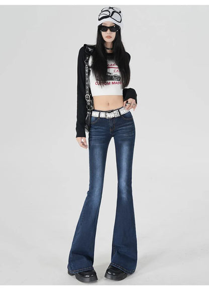 Stretch Flared Jeans Low Rised Pocket Denim Pants Women Y2K Casual Full-length Dark Blue Jeans Vintage 90S Jeans Female Trousers