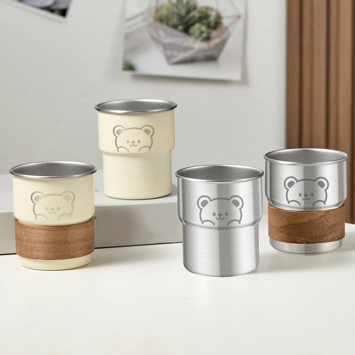 WORTHBUY 300ML Cute Little Bear Water Mug 304 Stainless Steel Coffee Cup With Wooden Anti Scald Pad Office Workers Tumbler