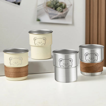 WORTHBUY 300ML Cute Little Bear Water Mug 304 Stainless Steel Coffee Cup With Wooden Anti Scald Pad Office Workers Tumbler