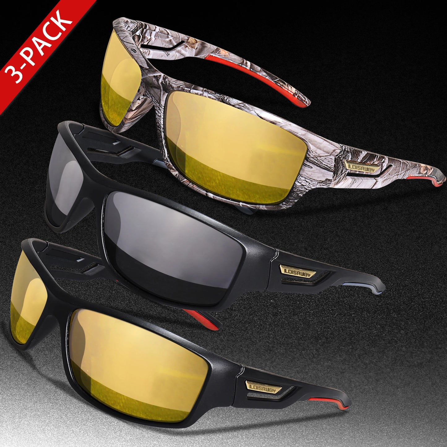 3 Pairs Polarized Fishing Sunglasses Men Camo Military Style UV400 For Cycling Riding, Running, Fishing And Driving