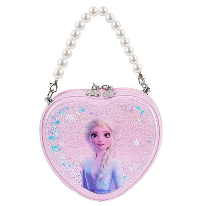 Disney Elsa Shoulder Bag Shiny Quicksand Pearl Handbag Heart-shaped Crossbody Bag For Girls Gifts