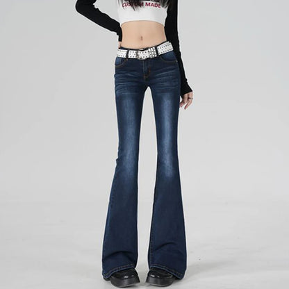 Stretch Flared Jeans Low Rised Pocket Denim Pants Women Y2K Casual Full-length Dark Blue Jeans Vintage 90S Jeans Female Trousers