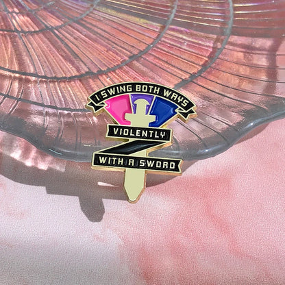 LGBT Rainbow Enamel Pins Bisexual Swing Both Ways Violently With A Sword Pride Brooches Lapel Badges Jewelry Gift for Friends