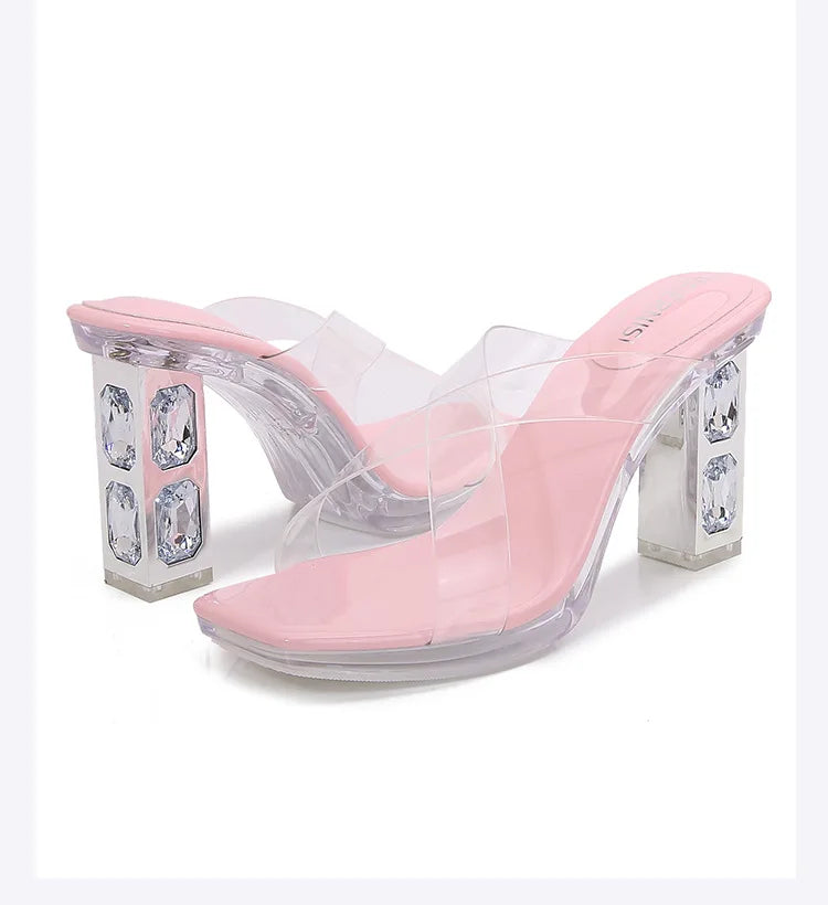 2025 Red High Heels 8cm Women Shoes Rhinestone Thick Heels Square Toe Ladies Pumps Cross Tie Straps Slippers Sandals Party Shoes