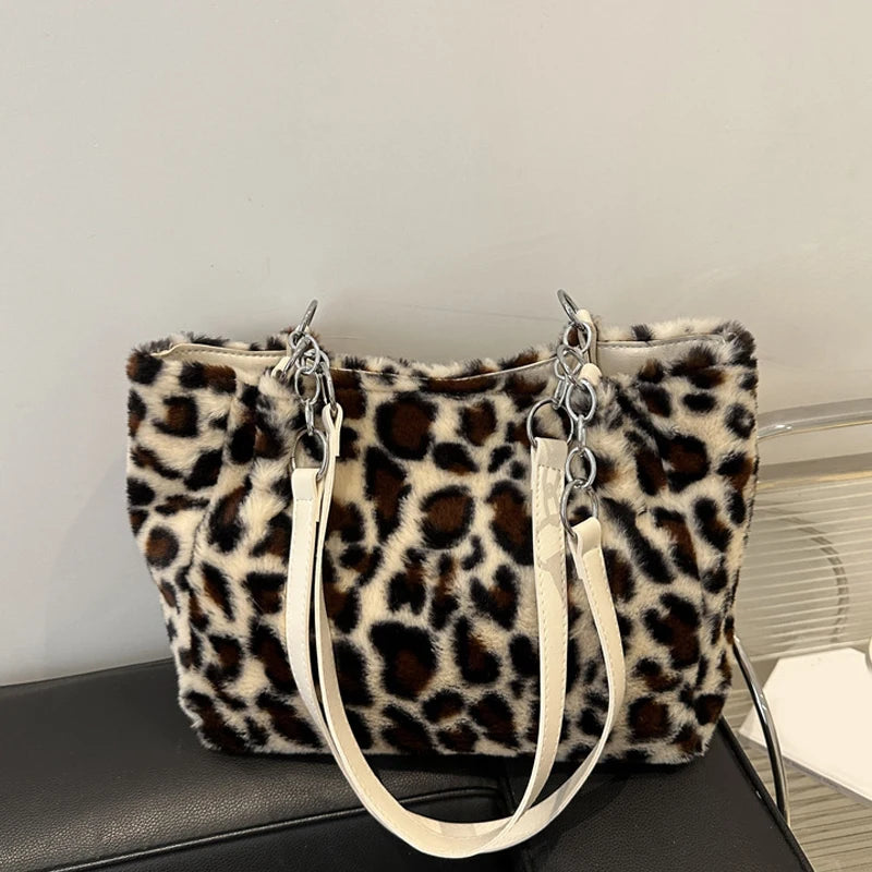 New Leopard Print Fur Bags Women Fashion Portable Faux Fur Handbags Winter Soft Warm Bag Girls Fluffy Large Capacity Tote Purse