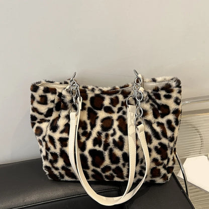 New Leopard Print Fur Bags Women Fashion Portable Faux Fur Handbags Winter Soft Warm Bag Girls Fluffy Large Capacity Tote Purse