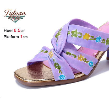Purple Handmade Woman Slippers Luxury Party Banquet Shoes 6.5CM High Heels Summer Fashion Slide Lady Square Toe Bohemian Sandals