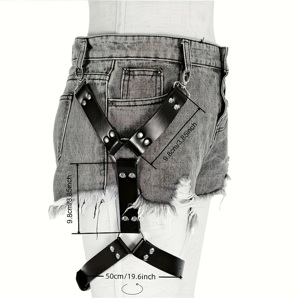 Adjustable Black Faux Leather Leg Harness Belt with Metal Buckles-Unisex Street Style for Performances,Retail Shows,and Casual W