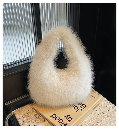 Solid Color Faux Fur Bag for Women Winter Soft Plush Handbags Ladies Small Elegant Tote Bags Fashion Trend Female Furry Purse