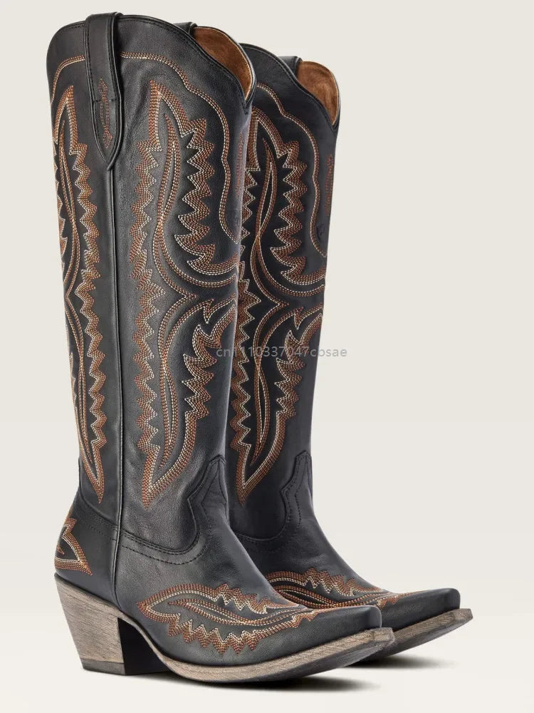 Women Western Cowboy Style Boots Pointed Thick High Heels Knee Length Embroidered Boot Autumn Block Heel Retro Casual Shoes