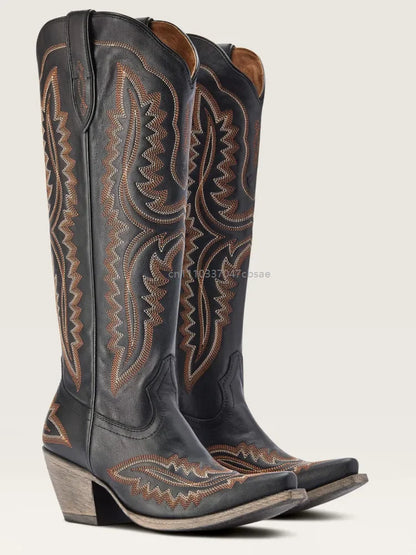 Women Western Cowboy Style Boots Pointed Thick High Heels Knee Length Embroidered Boot Autumn Block Heel Retro Casual Shoes