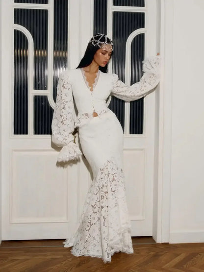 White Lace Patchwork Long Skirt Set Women Chic Full Flared Sleeves V-neck Slim Cropped Sets 2026 Lady Spring Evening Party Wear