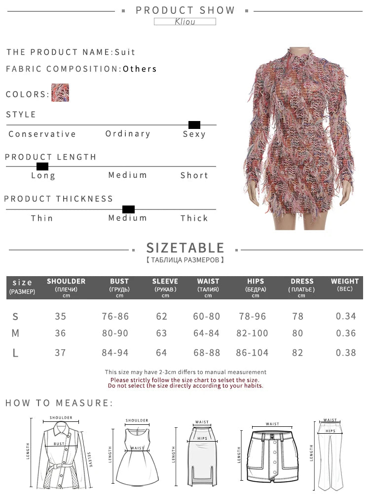 kliou Stacked Pleated Women Mini Dress 2024 New Stunning O-neck Body-shaping Patchwork Vestidos Female Attractive Party Frock