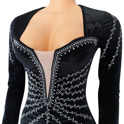 2025 Elegant Diamonds Velvet Long Party Dress for Women Sexy Deep V Evening Gown Formal Black Slim Dress Robe