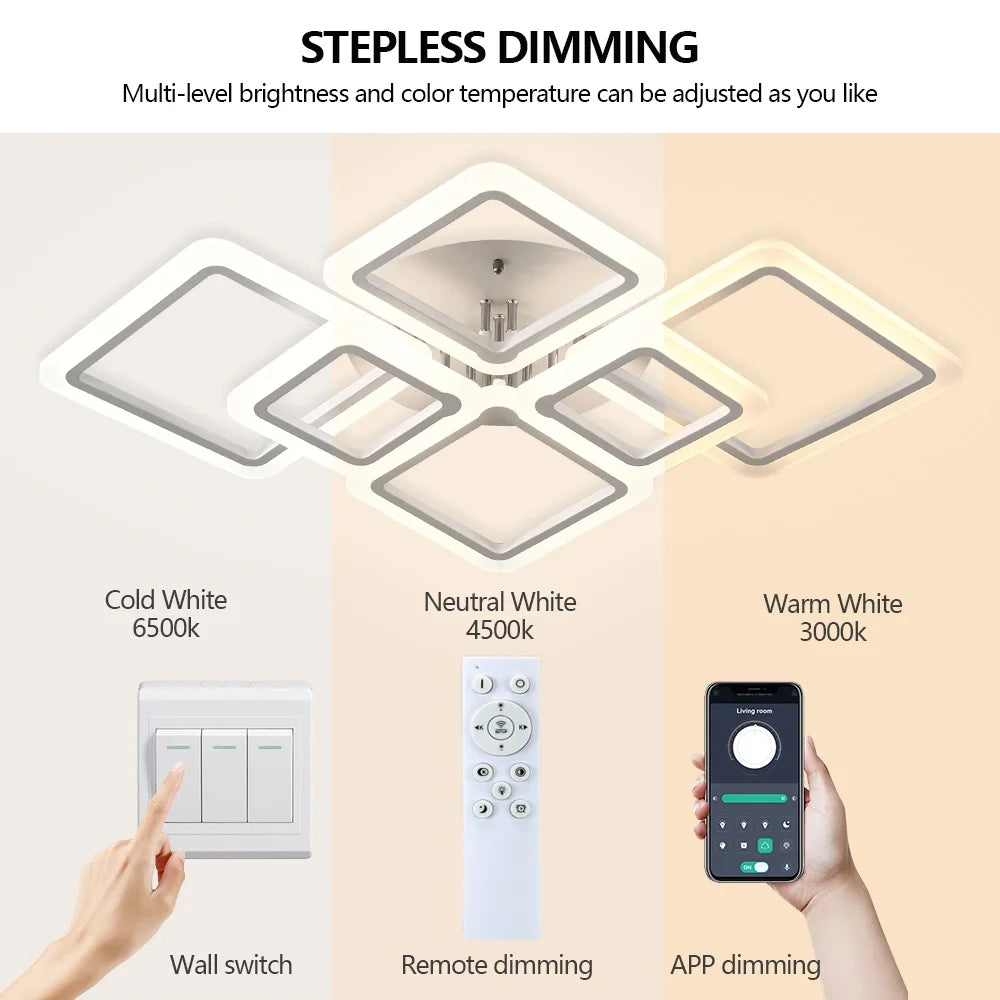 Simple Ceiling Chandelier Square with Remote Control Dimmable Modern Ceiling Lights Smart LED Lighting Fixture Study Living Room