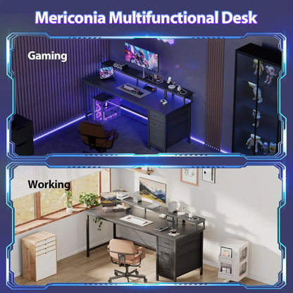 55-inch Gaming Desk with Power Outlets, LED Lights, 3 Drawers & Monitor Stand for Home Office and Small Spaces, Black