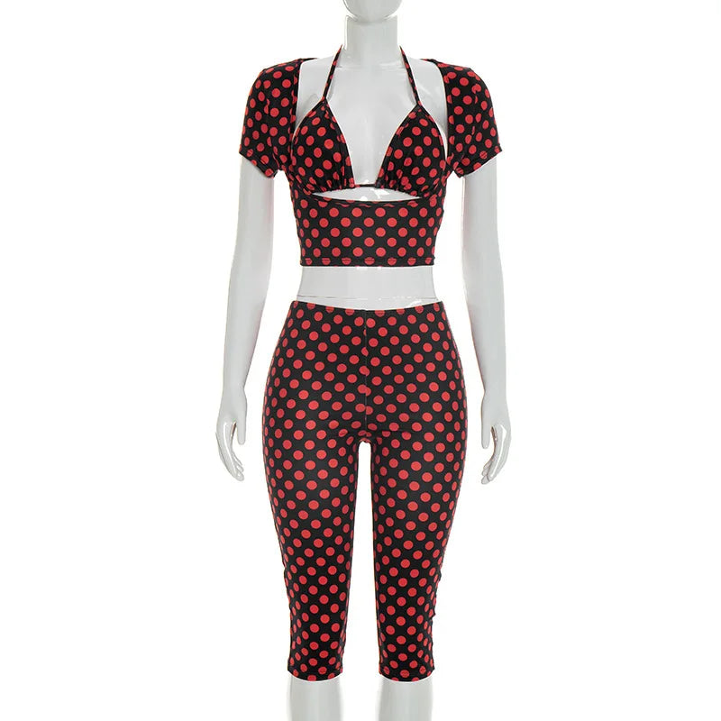 FAGADOER Sexy Woman 3 Piece Set Outfit Polka Dot Print Patchwork Short Sleeve Crop Top and Pants Matching Female Streetwear New