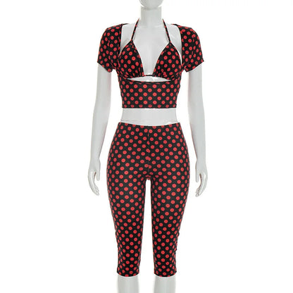 FAGADOER Sexy Woman 3 Piece Set Outfit Polka Dot Print Patchwork Short Sleeve Crop Top and Pants Matching Female Streetwear New