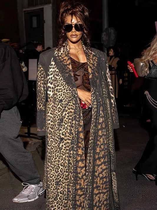 Kliou Leopard Print Trench Coat Woman Autumn Trend High Waist Bandage Cardigan Lapel Full Sleeve Street Fashion Style Clothing