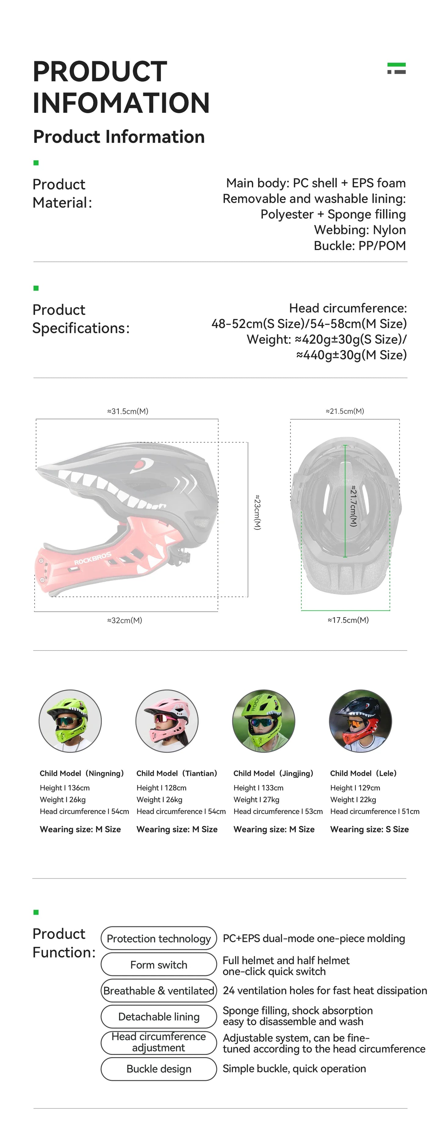 ROCKBROS Child Cycling Helmets Detachable Full Face Helmet Lightweight Adjustable Bicycle Scooter Helmet Safety Breathable