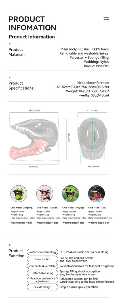 ROCKBROS Child Cycling Helmets Detachable Full Face Helmet Lightweight Adjustable Bicycle Scooter Helmet Safety Breathable