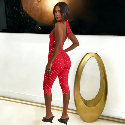 FAGADOER Sexy Polka Dot Print Bodycon Jumpsuits Woman Halter Deep V-neck Backless Rompers Female Streetwear Overalls 2026 New
