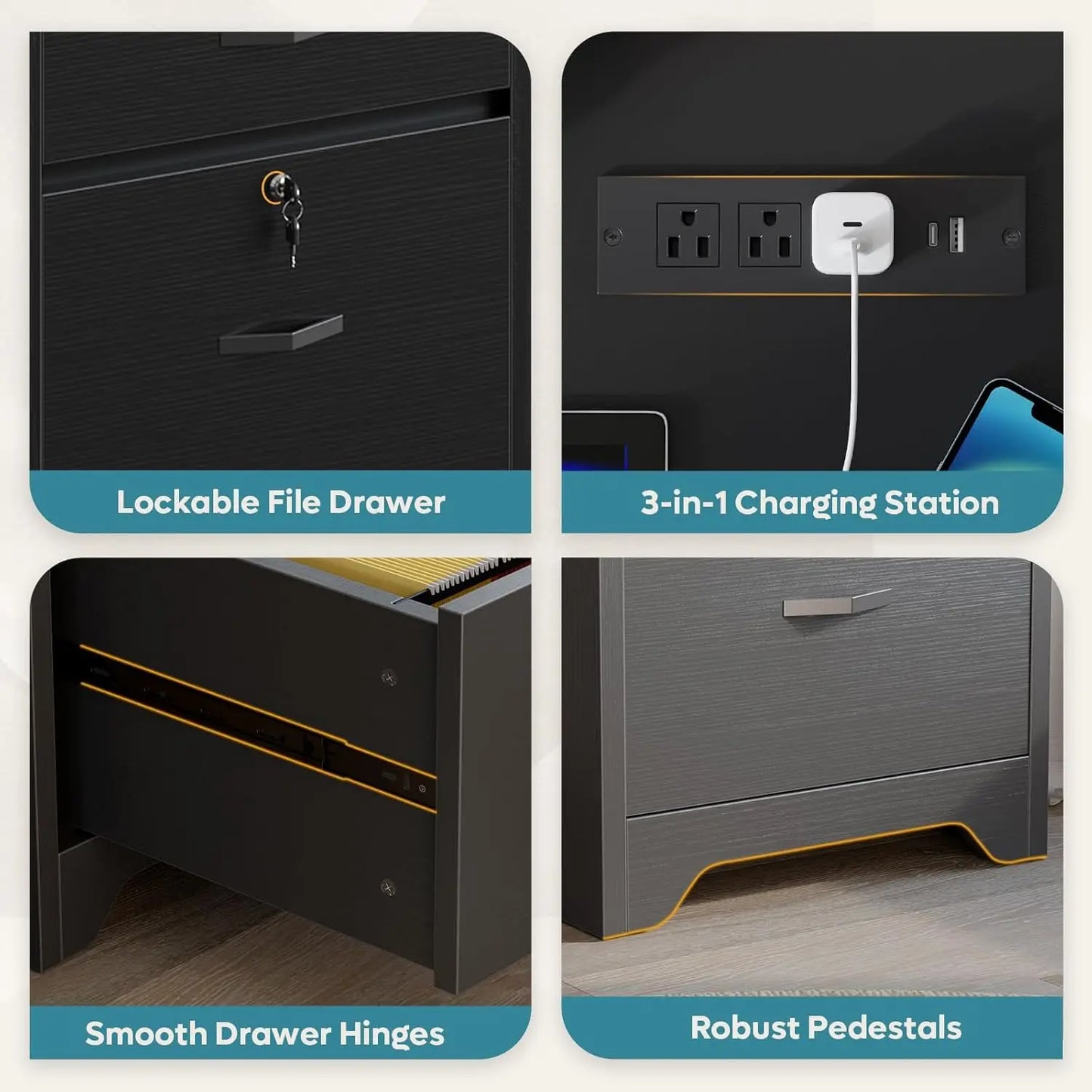 59” Office Desk with Lockable Drawers, Modern Computer Desk with File Drawer, Charging Station & Drop-Front, Customized